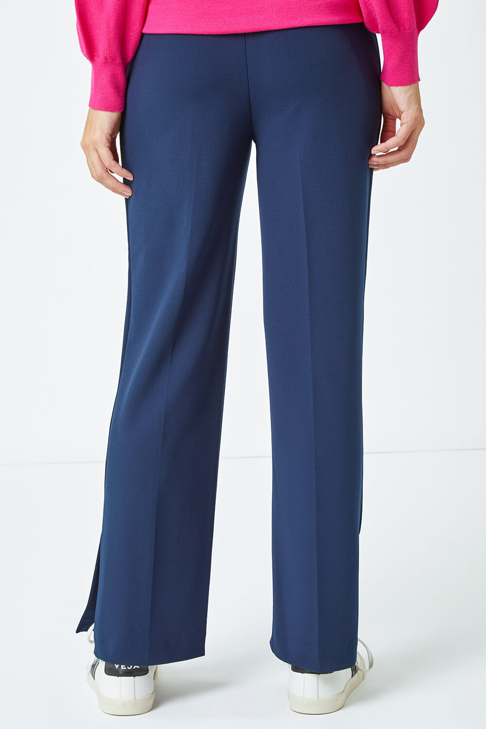 Navy  Side Split Straight Stretch Trousers, Image 3 of 5
