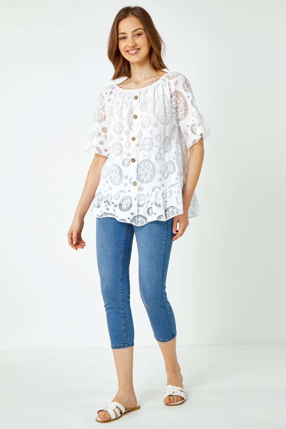 Ivory  Sheer Lace Button Detail Bardot Top, Image 2 of 5