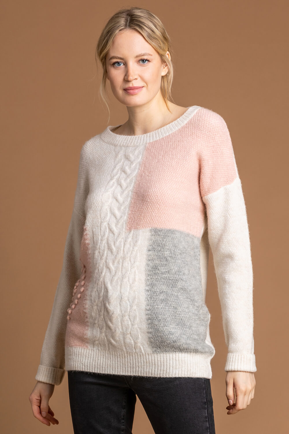 Multi  Colour Block Cable Knit Jumper, Image 5 of 5