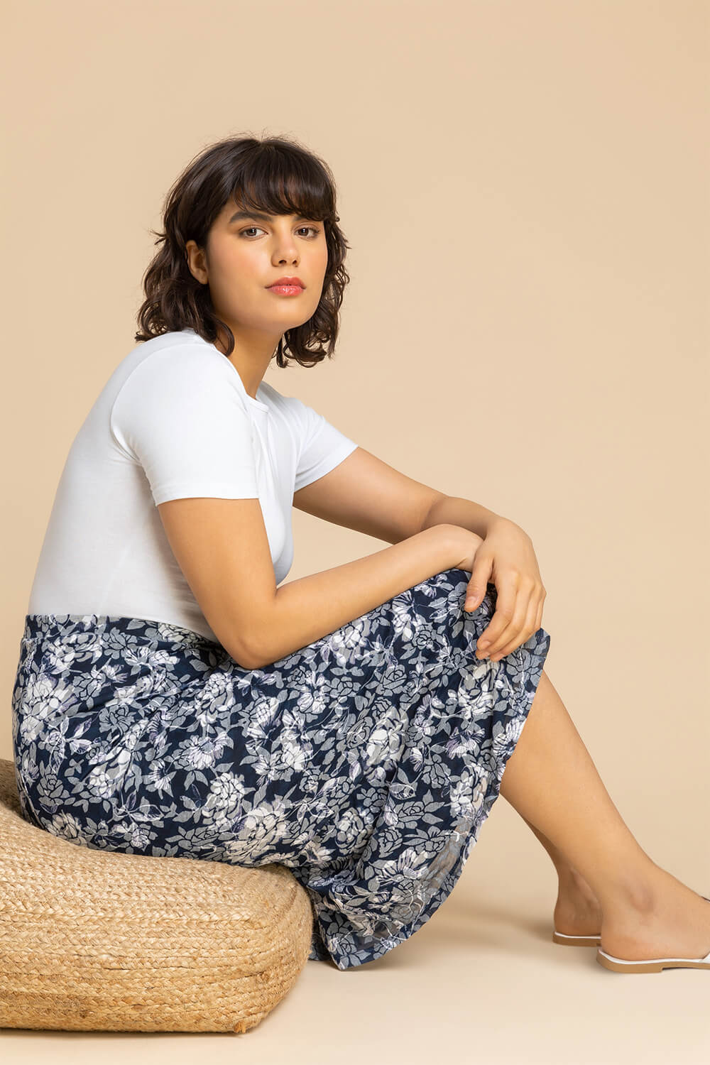 Navy  Floral Burnout Buttoned Midi Skirt, Image 4 of 4