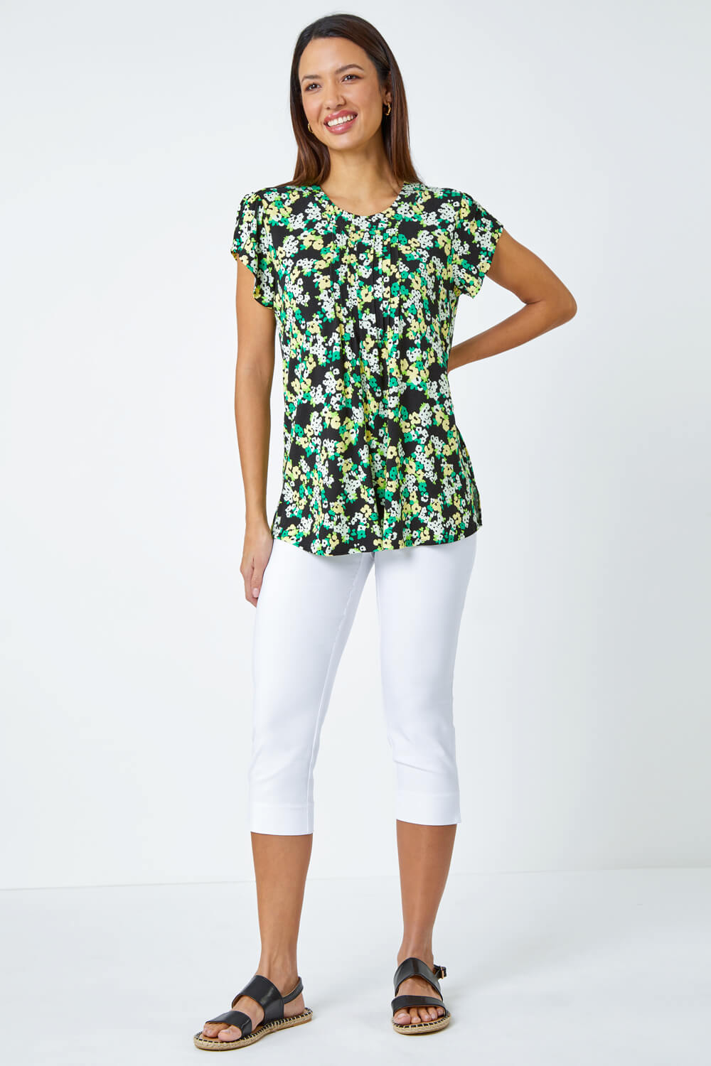 Green Floral Print Pleat Detail Blouse, Image 2 of 5
