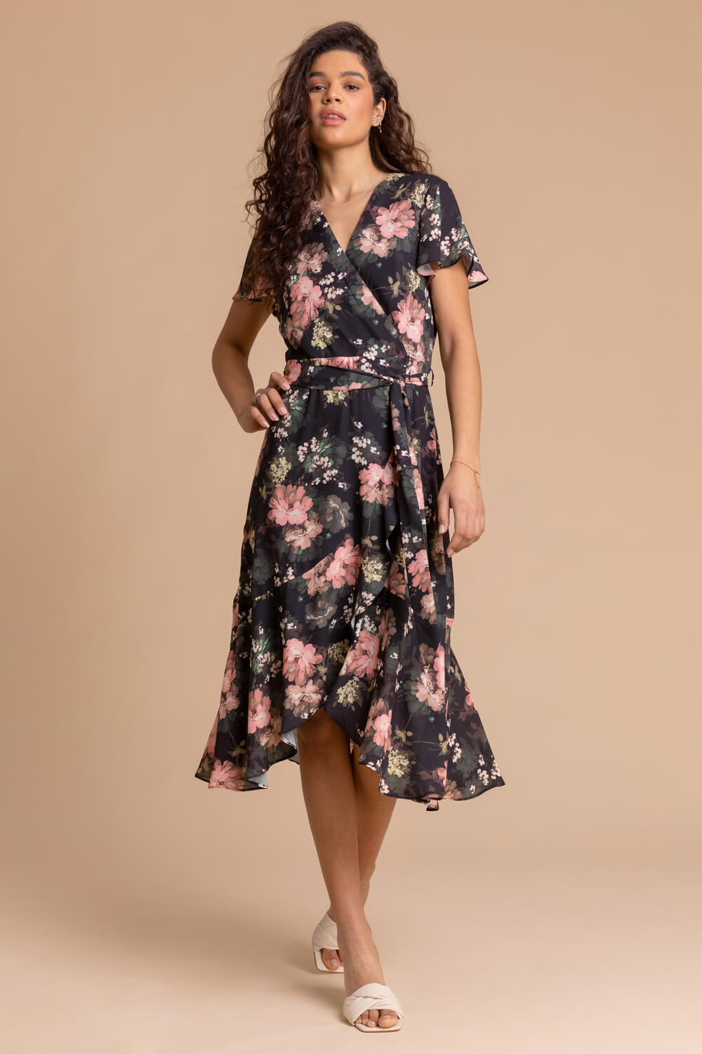 PINK Floral Print Wrap Midi Dress, Image 3 of 5