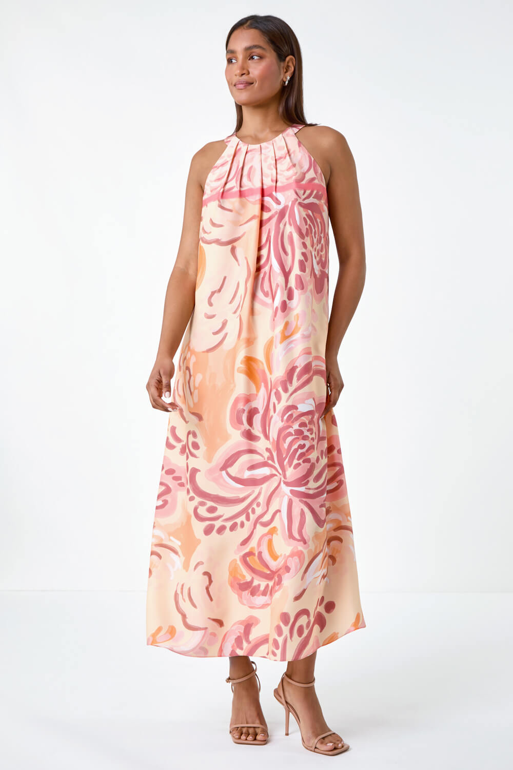 Peach Abstract Print Pocket Trapeze Dress, Image 2 of 5