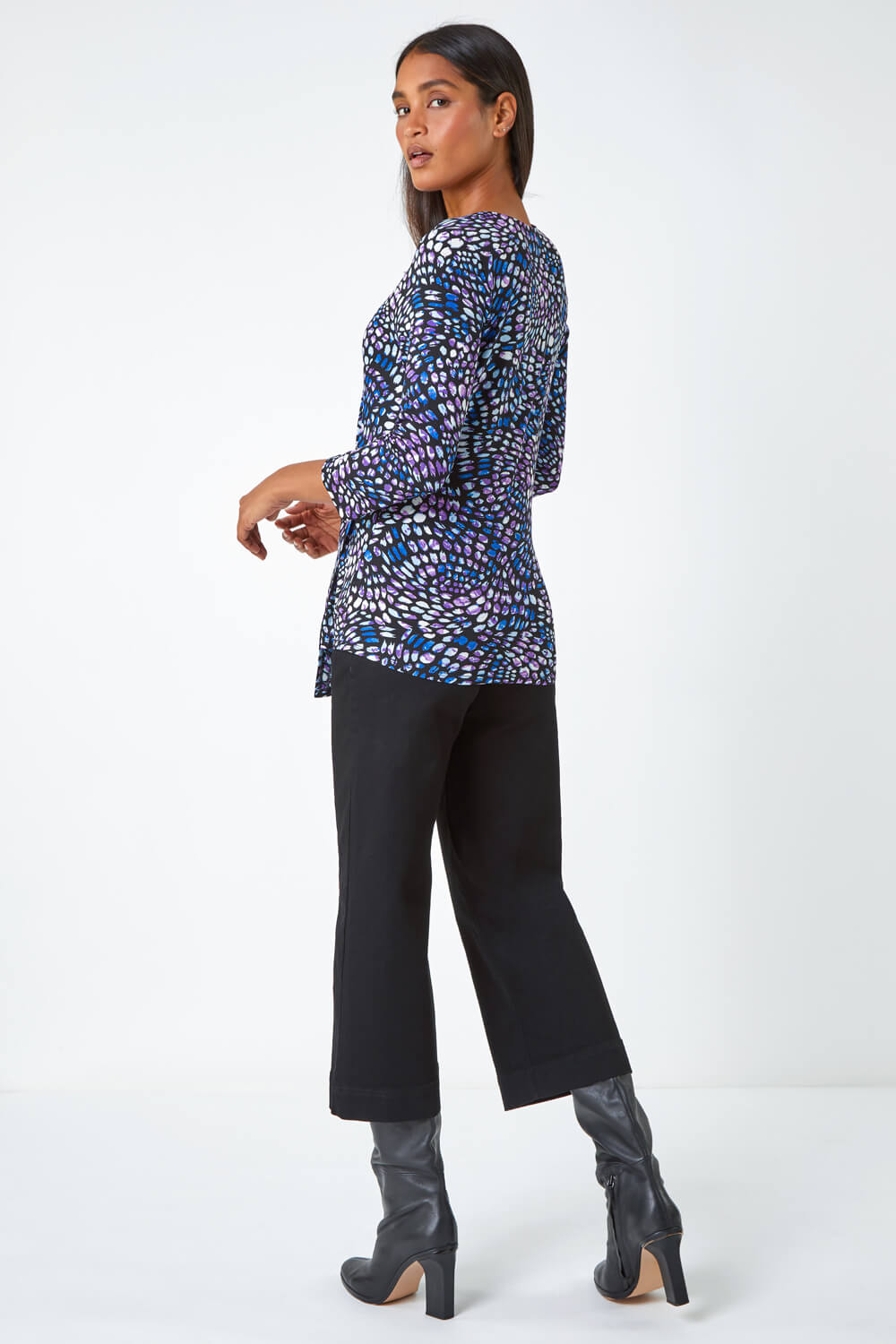 Blue Abstract Print Side Twist Stretch Top , Image 3 of 5