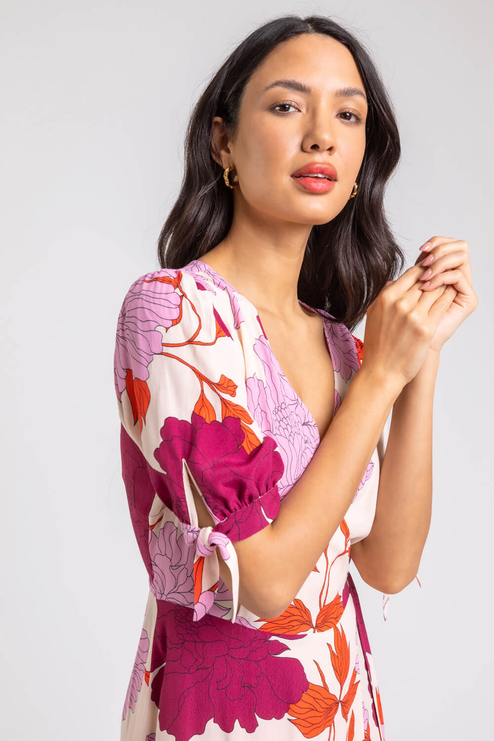 Mauve Floral Frill Hem Wrap Midi Dress | Roman UK