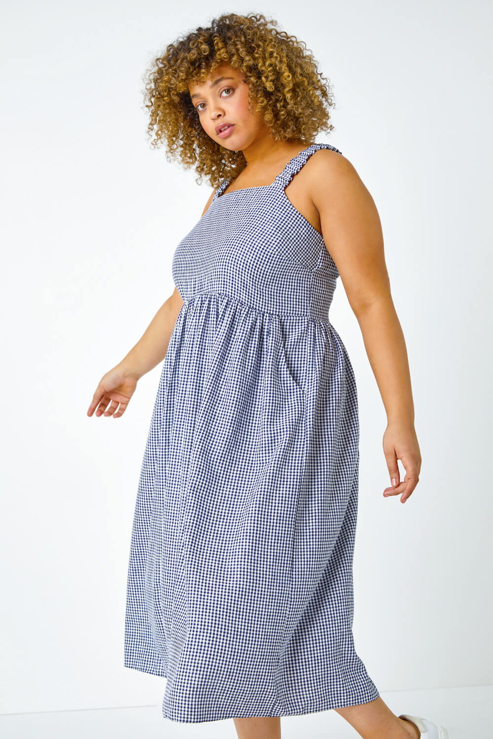 Navy  Curve Gingham Linen Look Ruched Midi Dress, Image 2 of 5