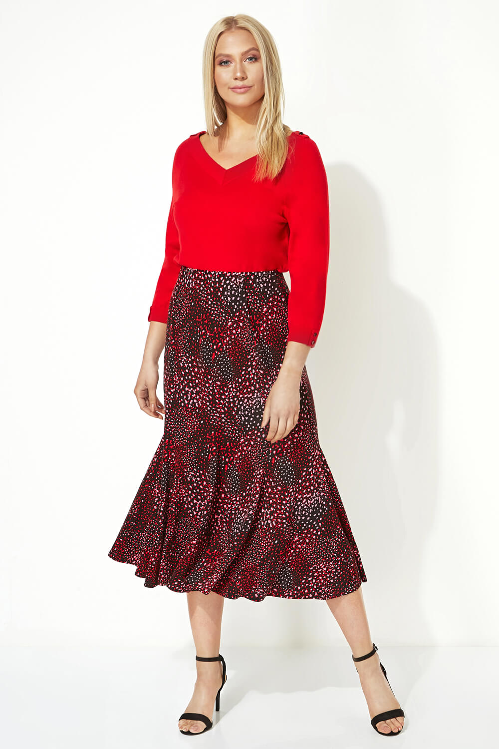 Red Panel Spot Midi Skirt, Image 3 of 4