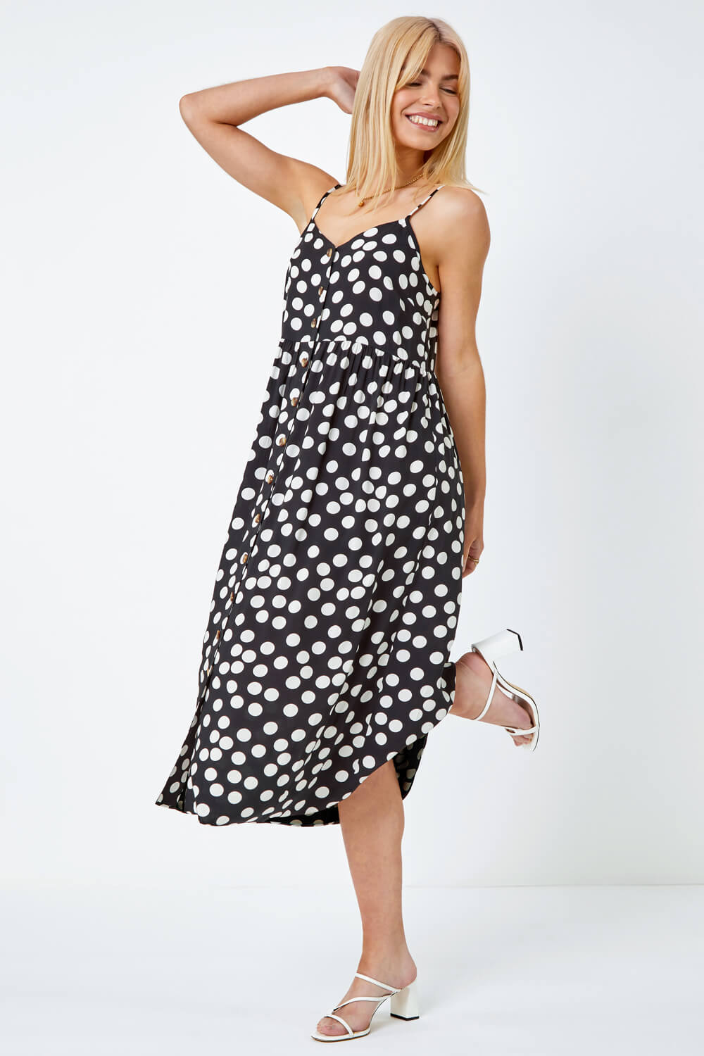 Black Sleeveless Polka Dot Print Midi Dress, Image 4 of 5