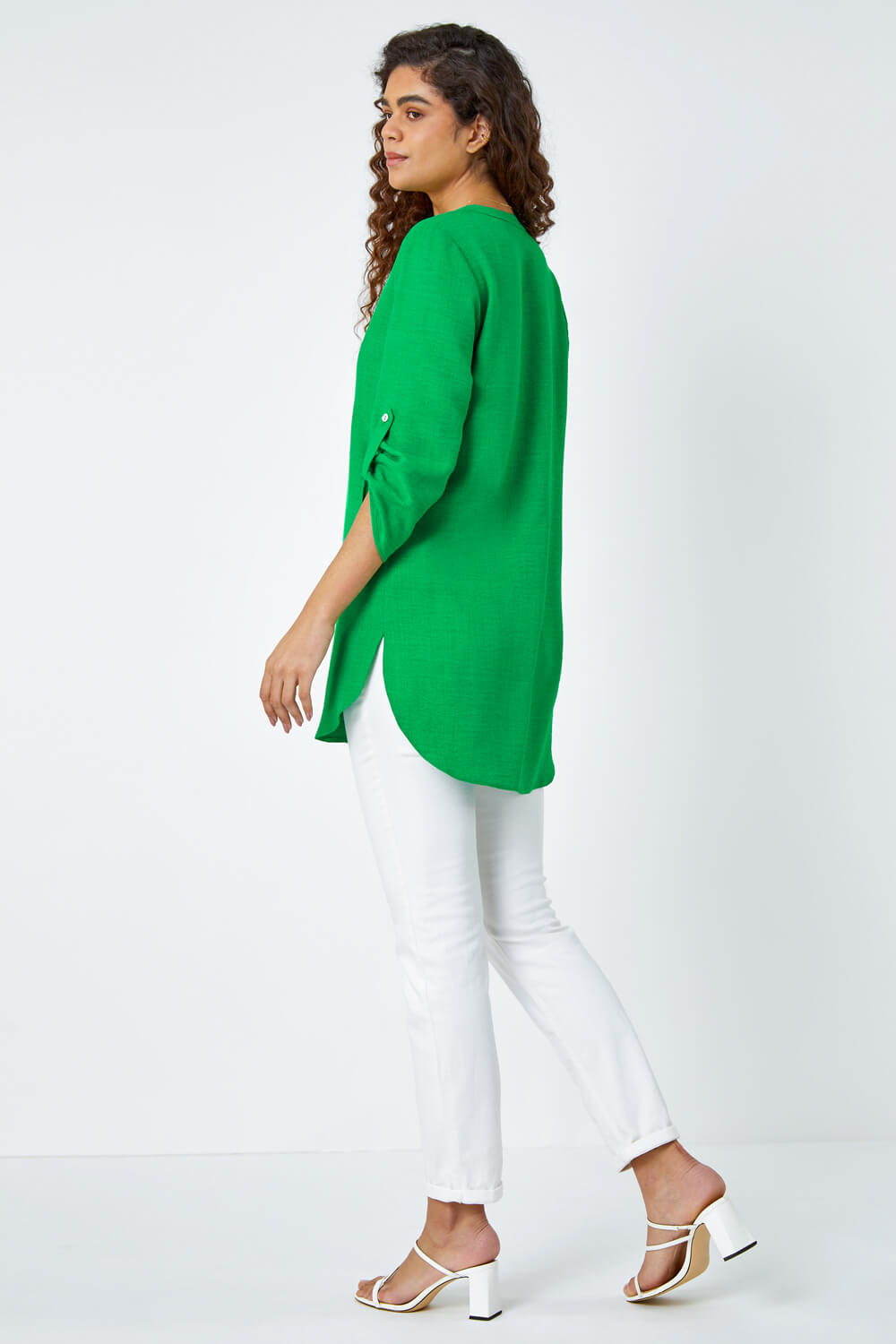 Green Button Detail Longline Blouse, Image 3 of 5