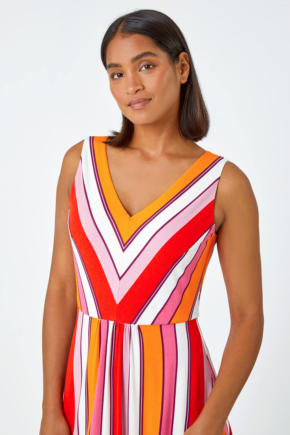 Red Sleeveless Stripe Print Midi Stretch Dress, Image 4 of 5