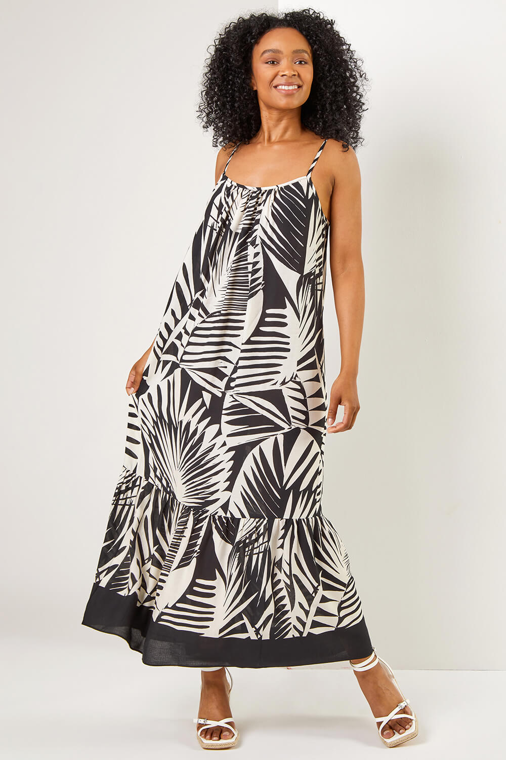 Black Petite Tropical Print Tiered Maxi Dress, Image 3 of 5