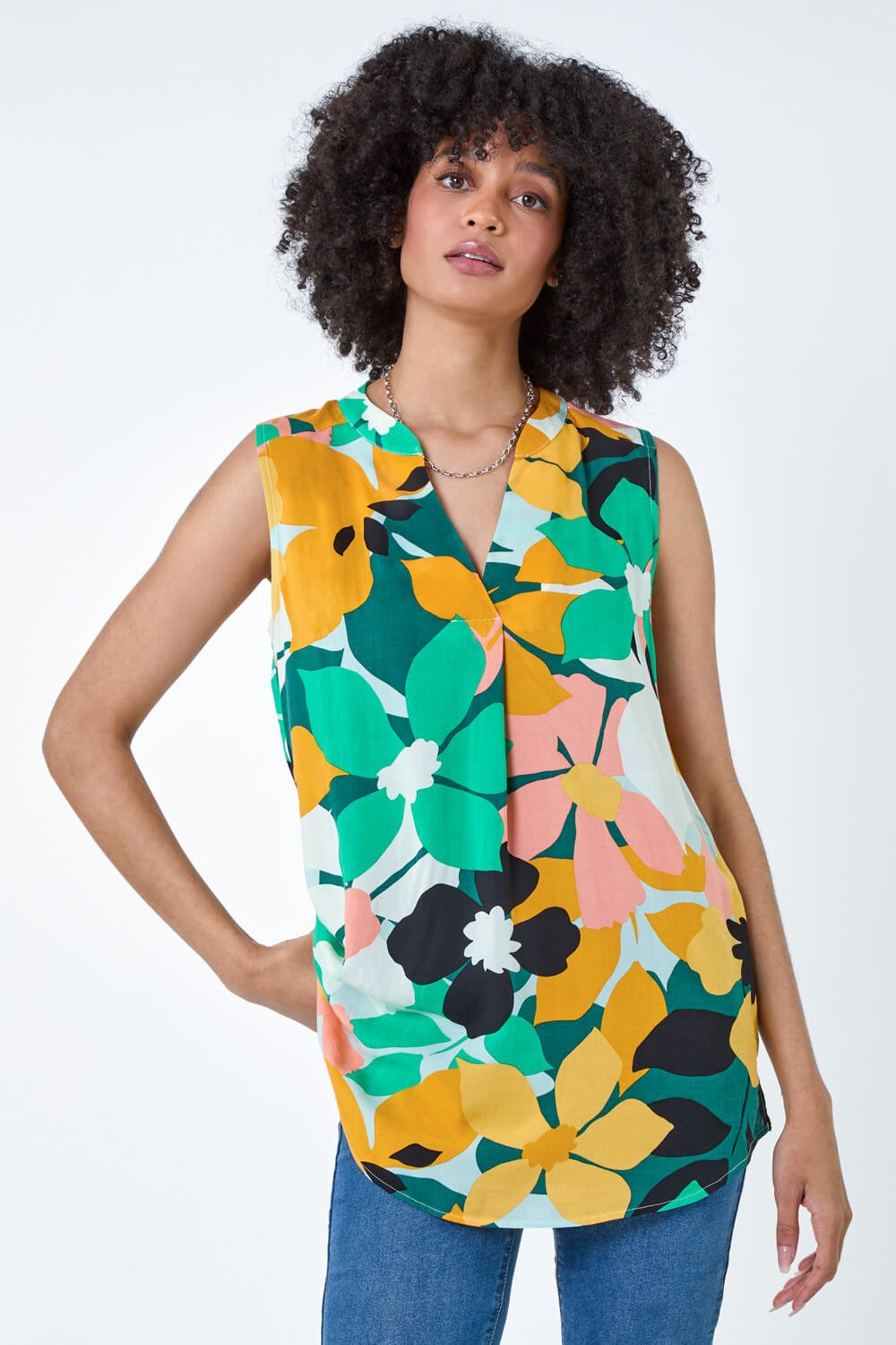 Green Contrast Floral Print Sleeveless Blouse, Image 2 of 5