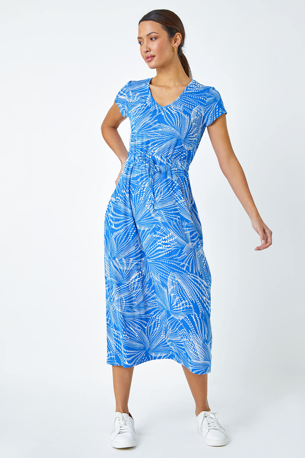 Royal Blue Abstract Print Midi Stretch Dress, Image 2 of 5