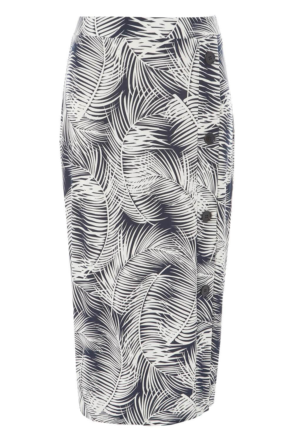 Navy  Tropical Palm Print Mock Button Pencil Skirt, Image 4 of 4