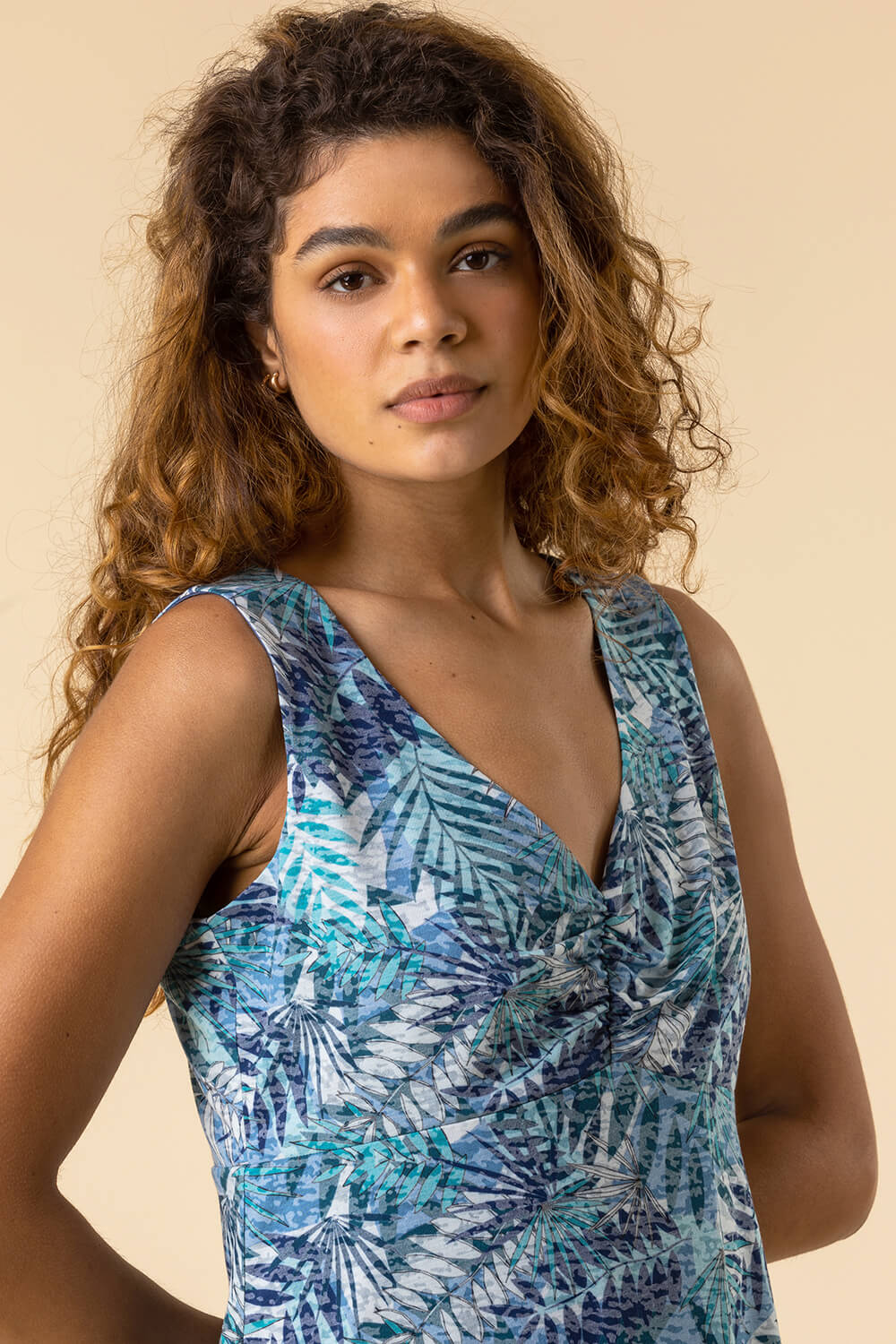 Blue Tropical Print Stretch Midi Dress, Image 4 of 4