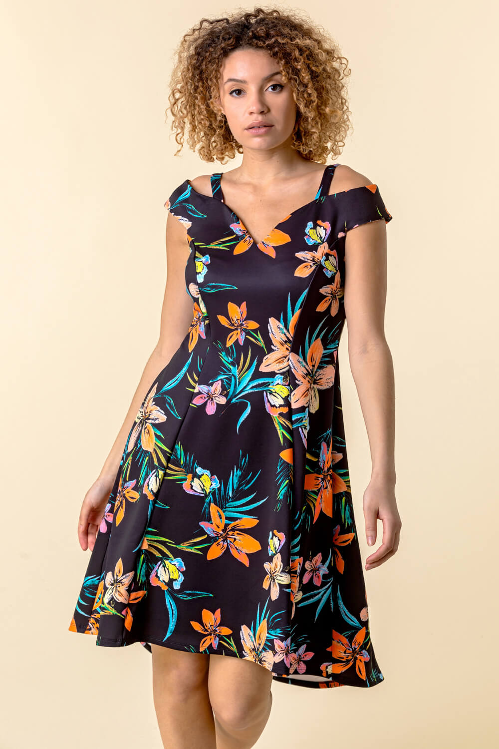 Black Cold Shoulder Floral Print Dress, Image 2 of 4