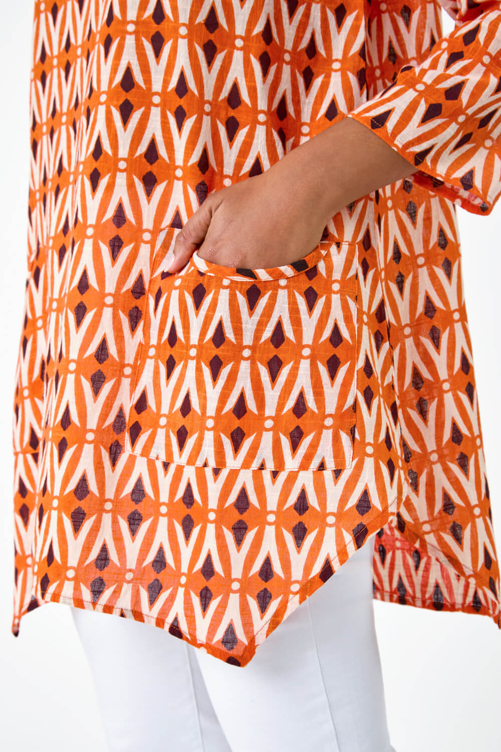 ORANGE Cotton Geometric Pocket Longline Tunic Top, Image 5 of 5