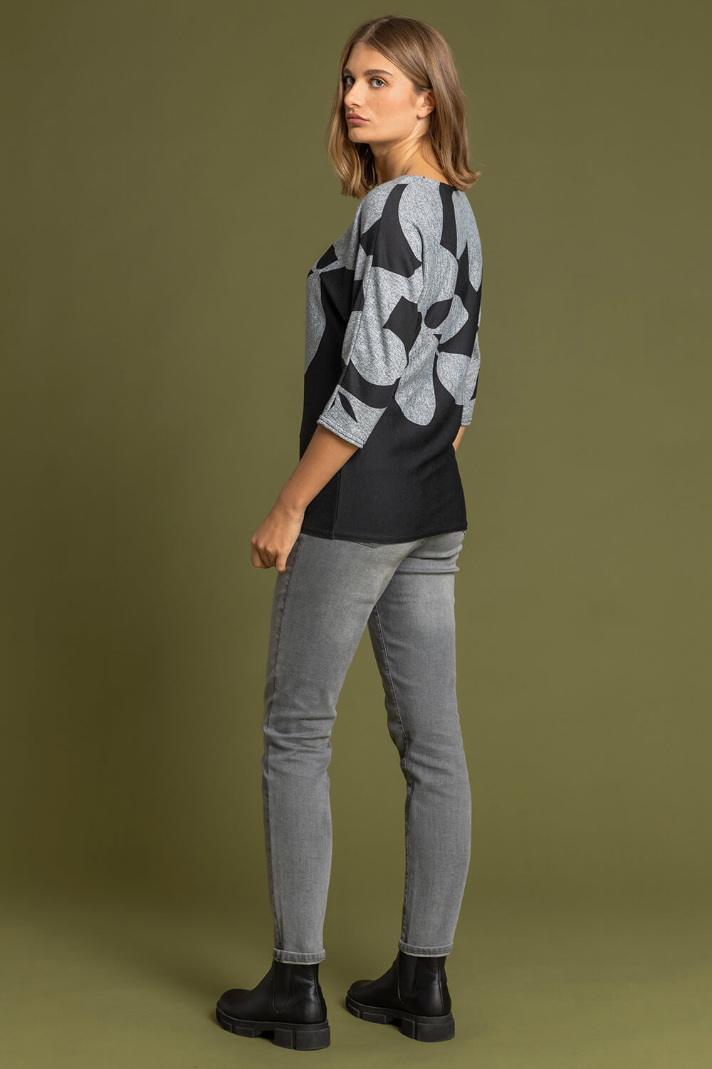 Grey Floral Colour Block Jersey Top, Image 2 of 4