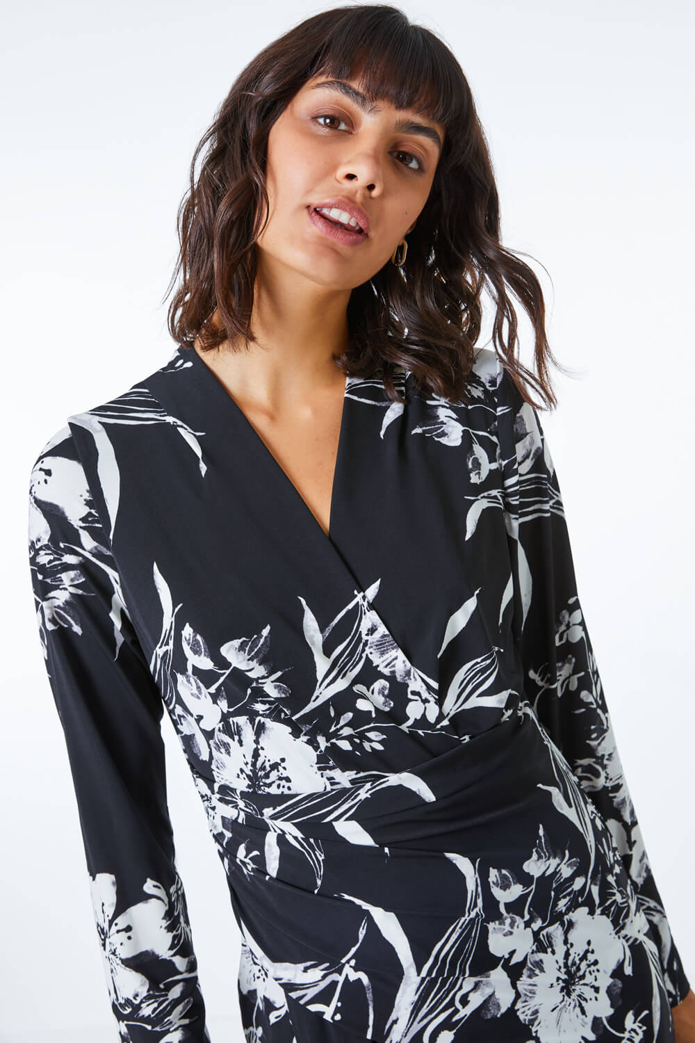 Black Fitted Floral Jersey Ruched Wrap Dress, Image 5 of 5
