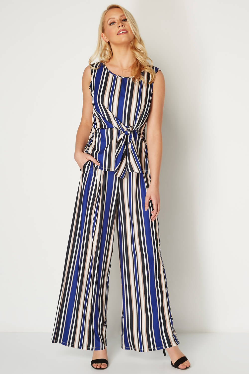Blue Stripe Ribbed Palazzo Trousers , Image 3 of 5