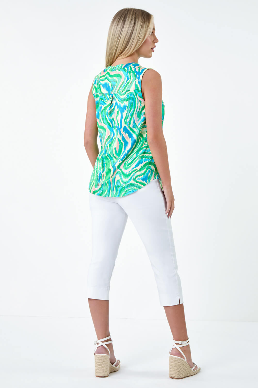 Green Petite Abstract Swirl Print Stretch Top, Image 3 of 5