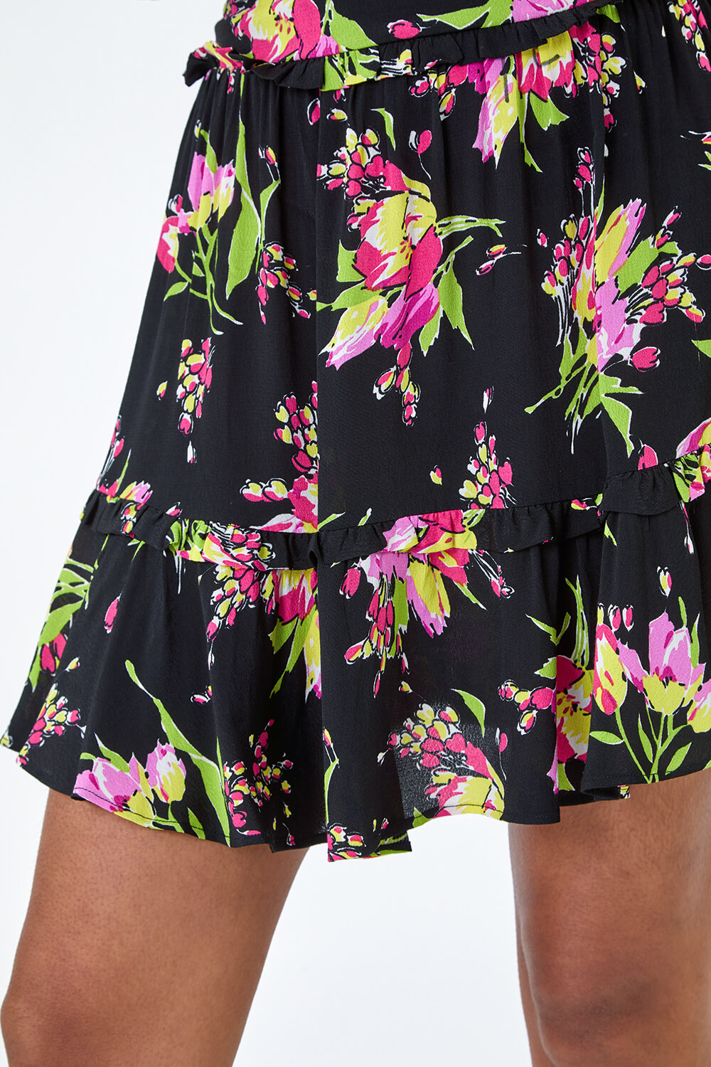 Black Floral Frill Trim Tiered Skirt, Image 5 of 5