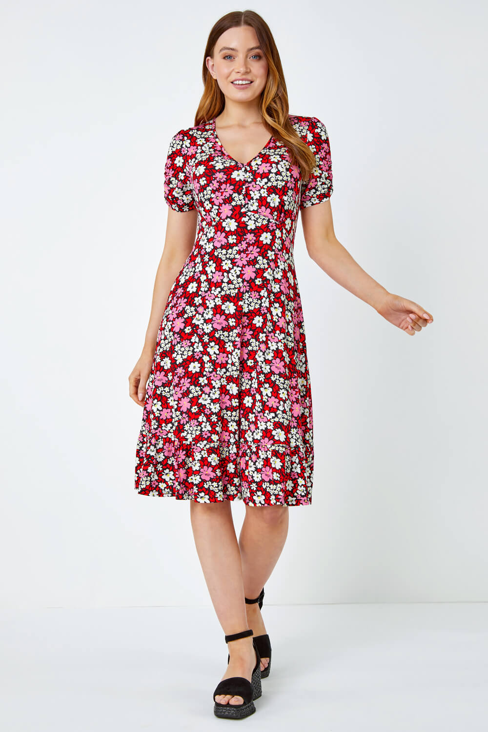 PINK Floral Print Stretch Jersey Tea Dress, Image 3 of 6