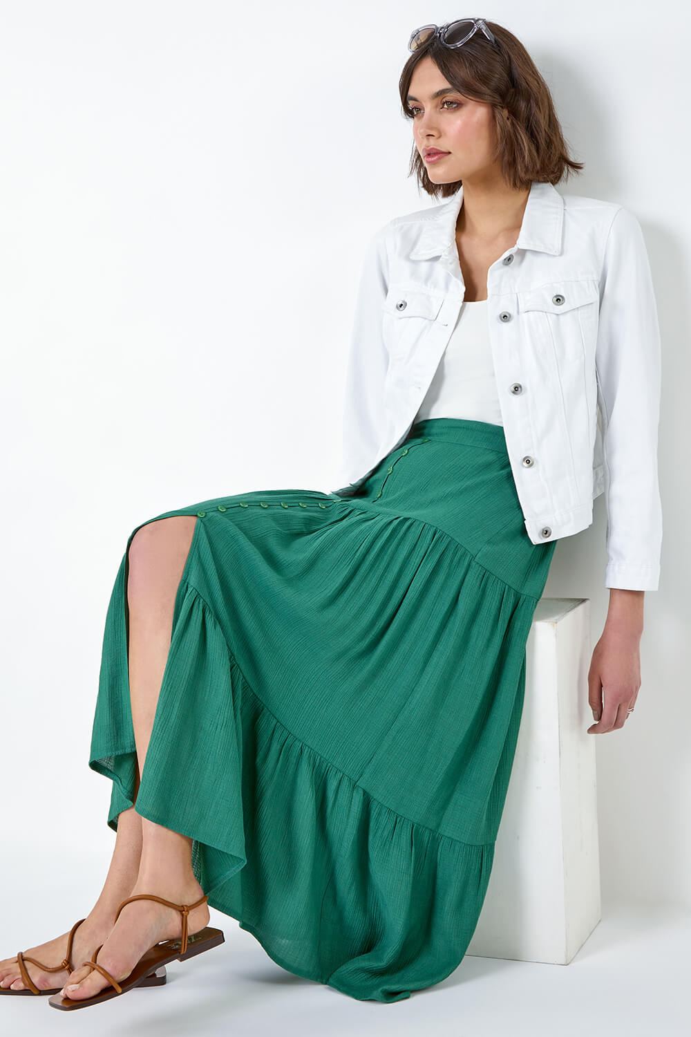 Textured Button Tiered Midi Skirt