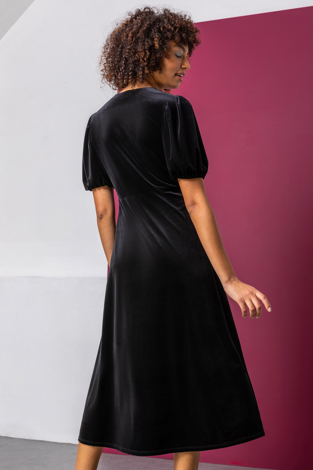 Black Velvet Button Detail Fit & Flare Dress, Image 2 of 5