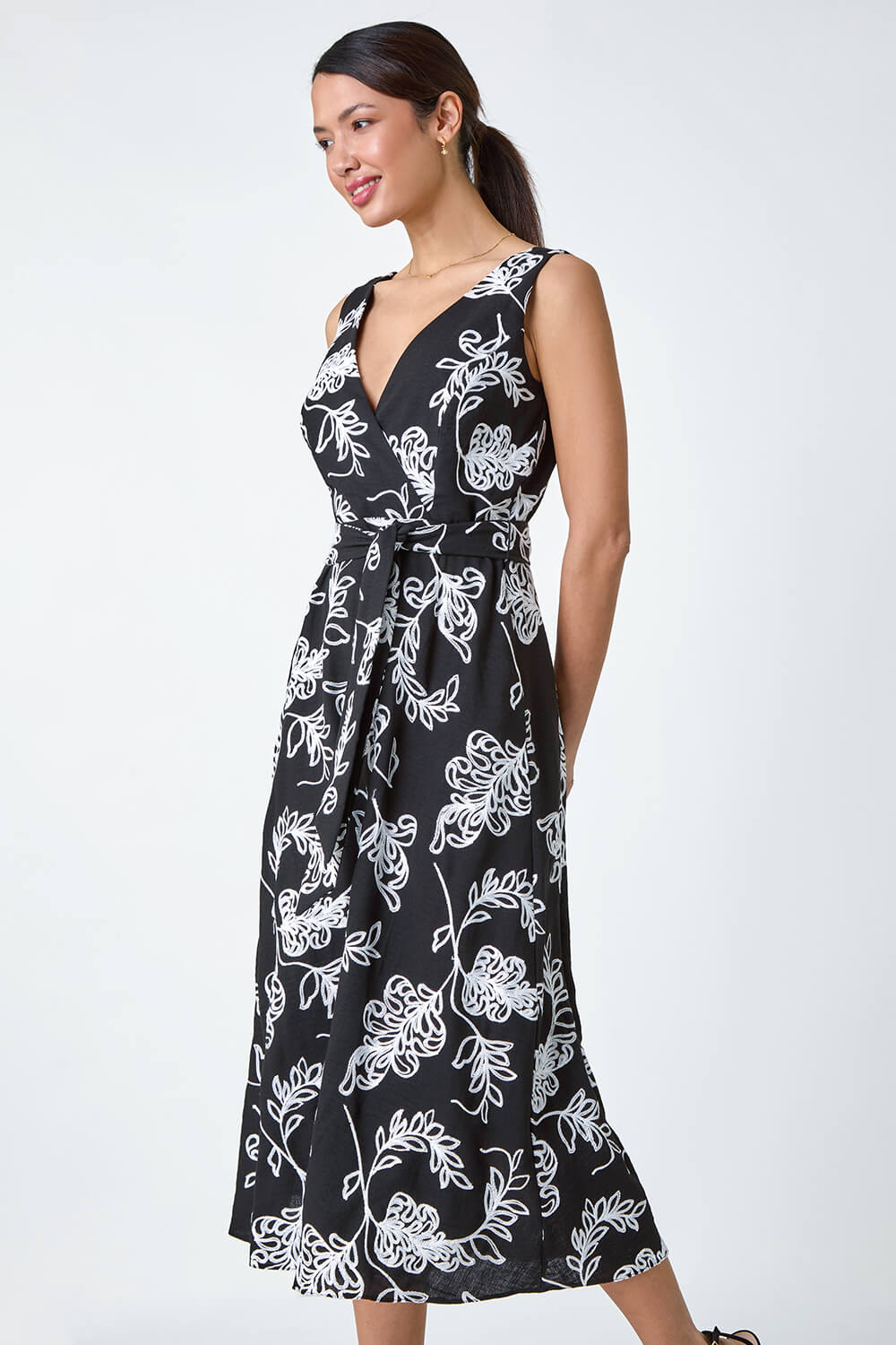 Black Floral Embroidered Cotton Blend Dress, Image 4 of 5