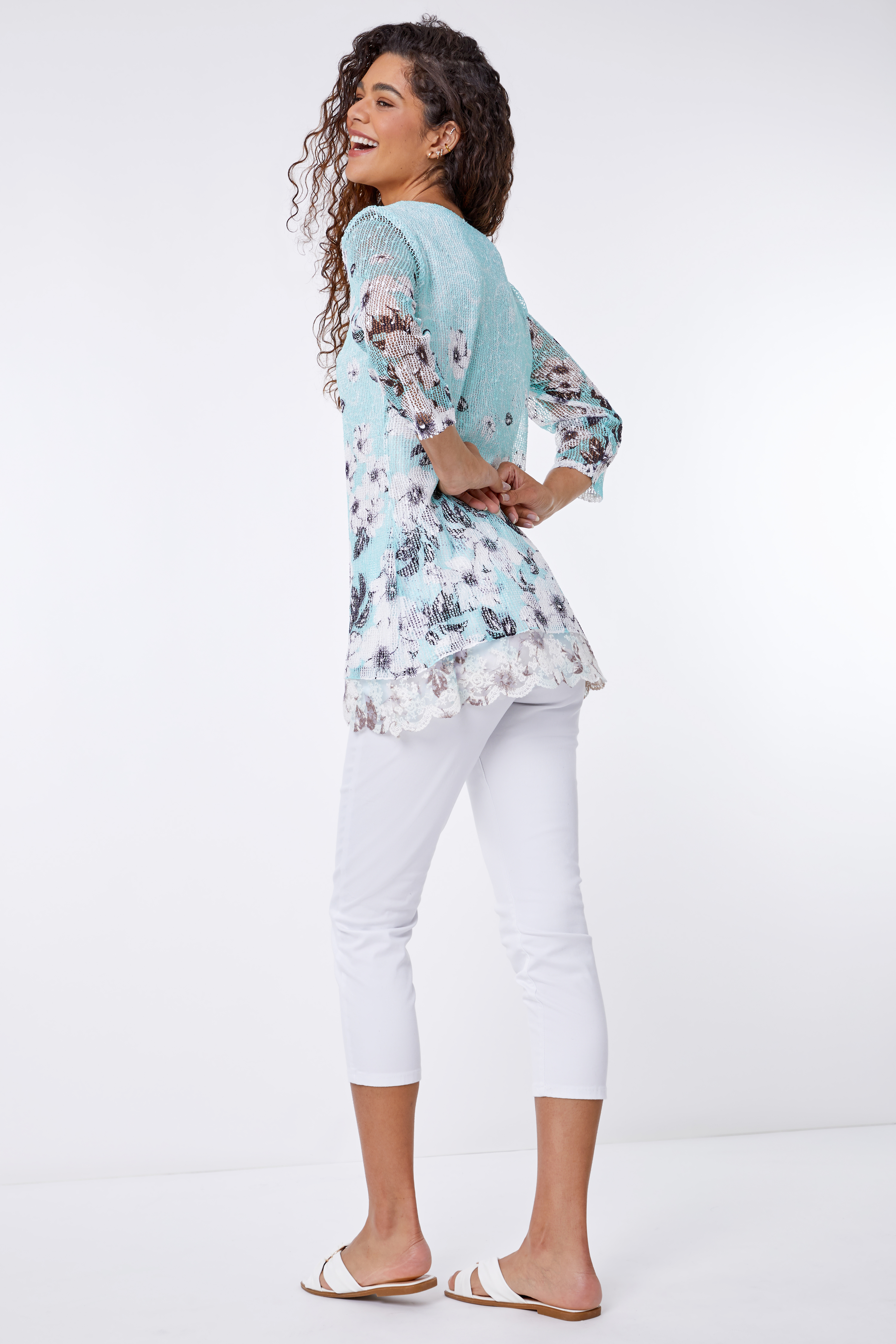 Mint Lace Trim Overlay Floral Print Top, Image 3 of 5
