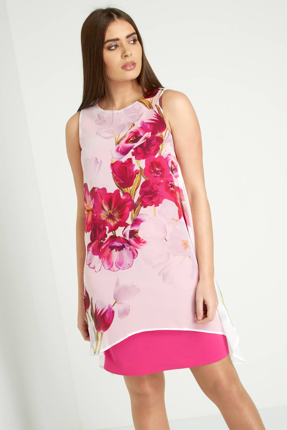 Floral Print Chiffon Overlay Dress