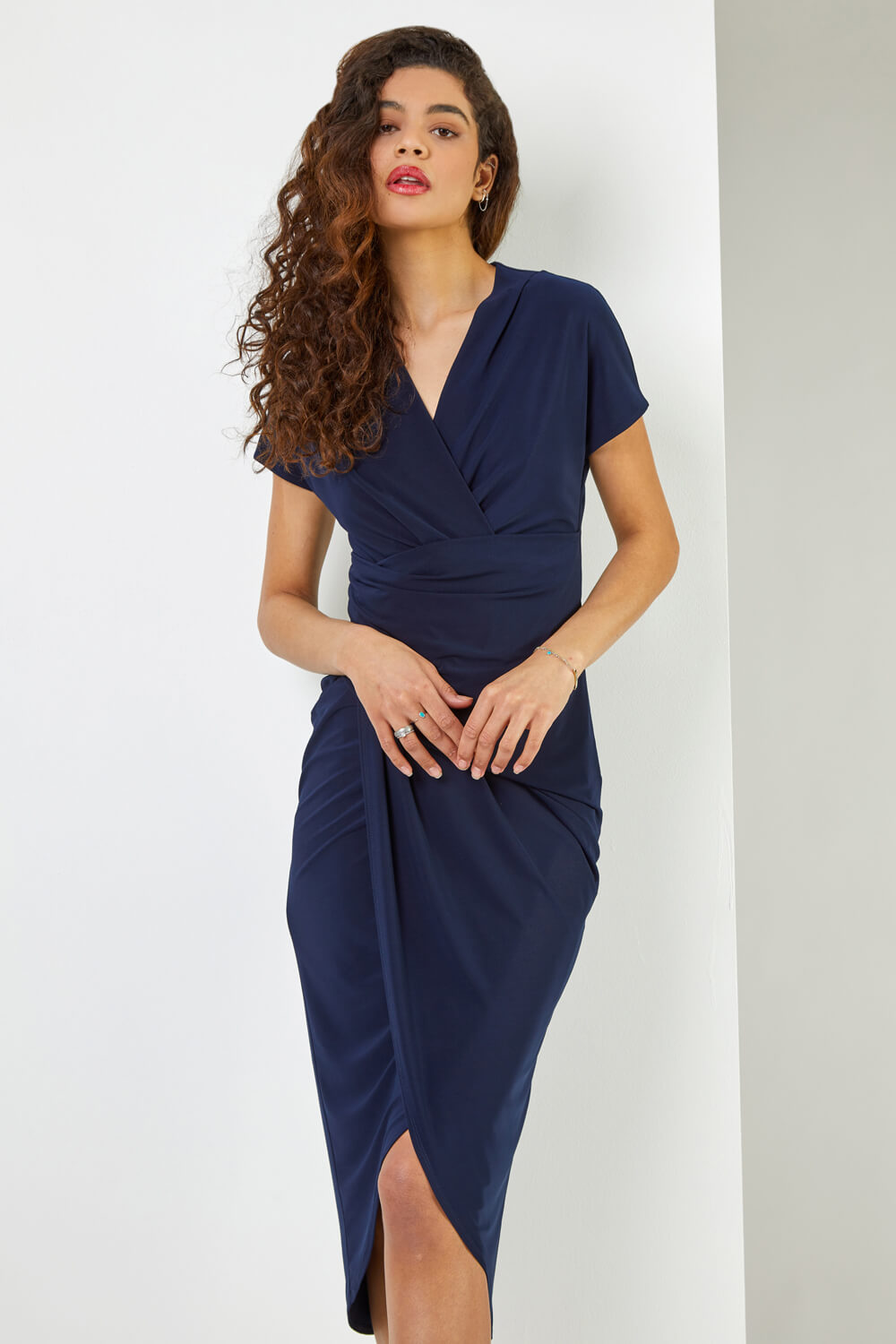 Ruched Front Midi Wrap Dress