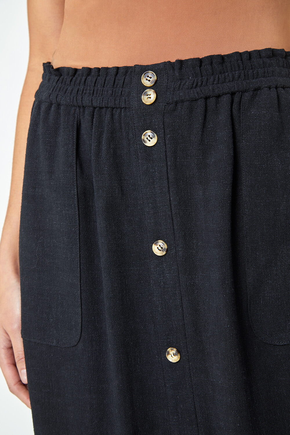 Black Petite Linen Blend Button Midi Skirt, Image 5 of 5
