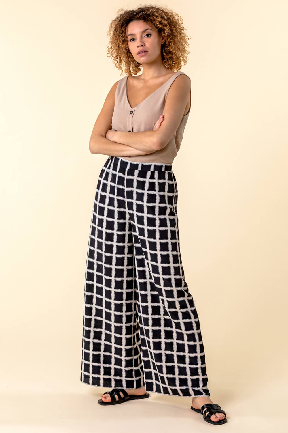 Black Check Print Wide Leg Trousers, Image 3 of 4