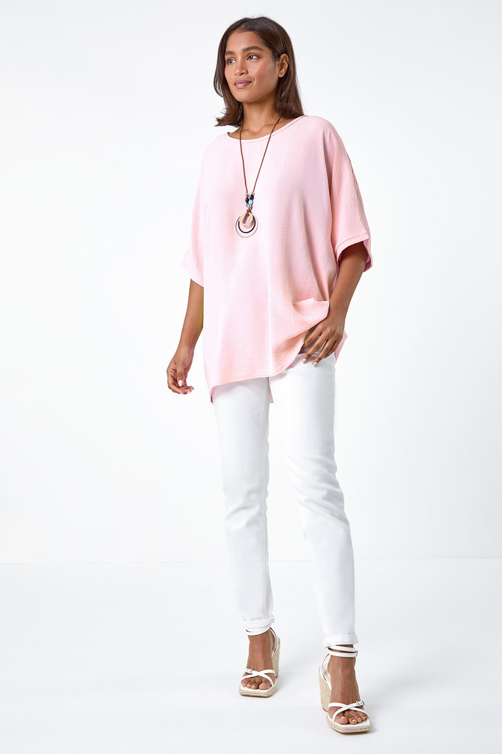 PINK Plain Tunic Top with Necklace, Image 2 of 5