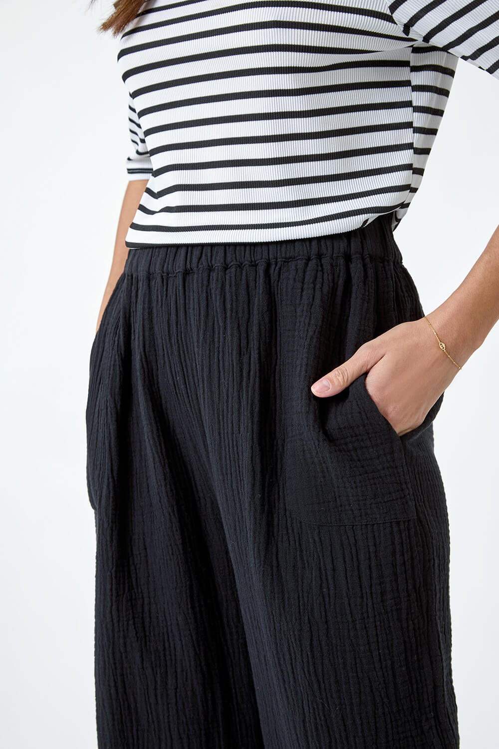 Black Textured Cotton Culotte Trousers, Image 5 of 5