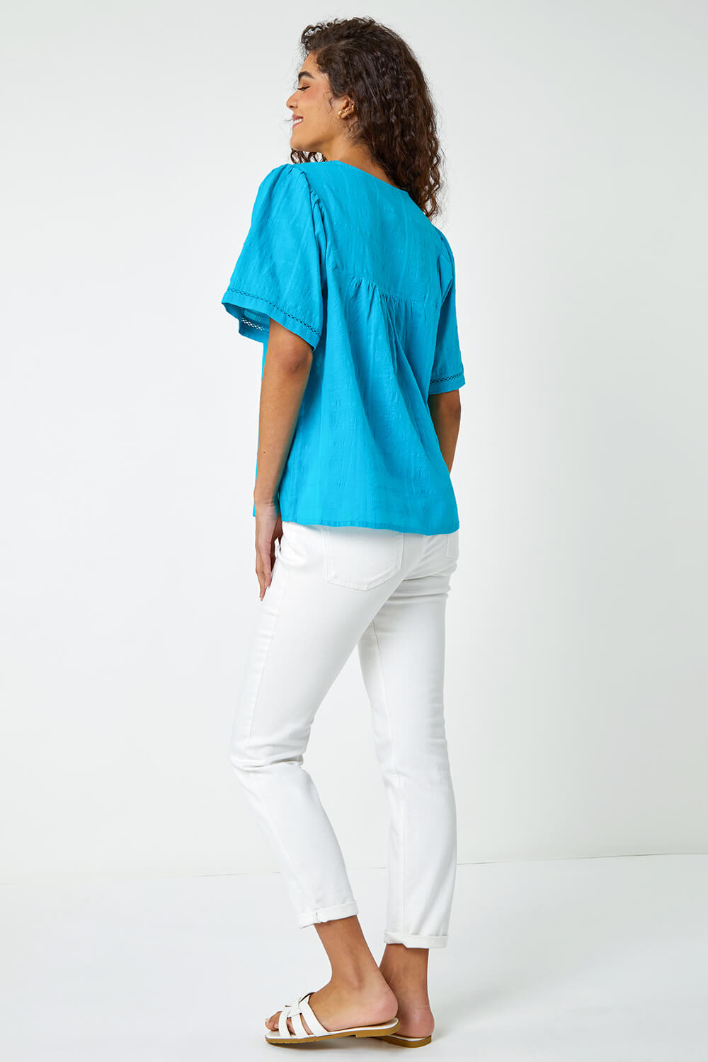 Turquoise Lace Detail Cotton T-Shirt, Image 3 of 5