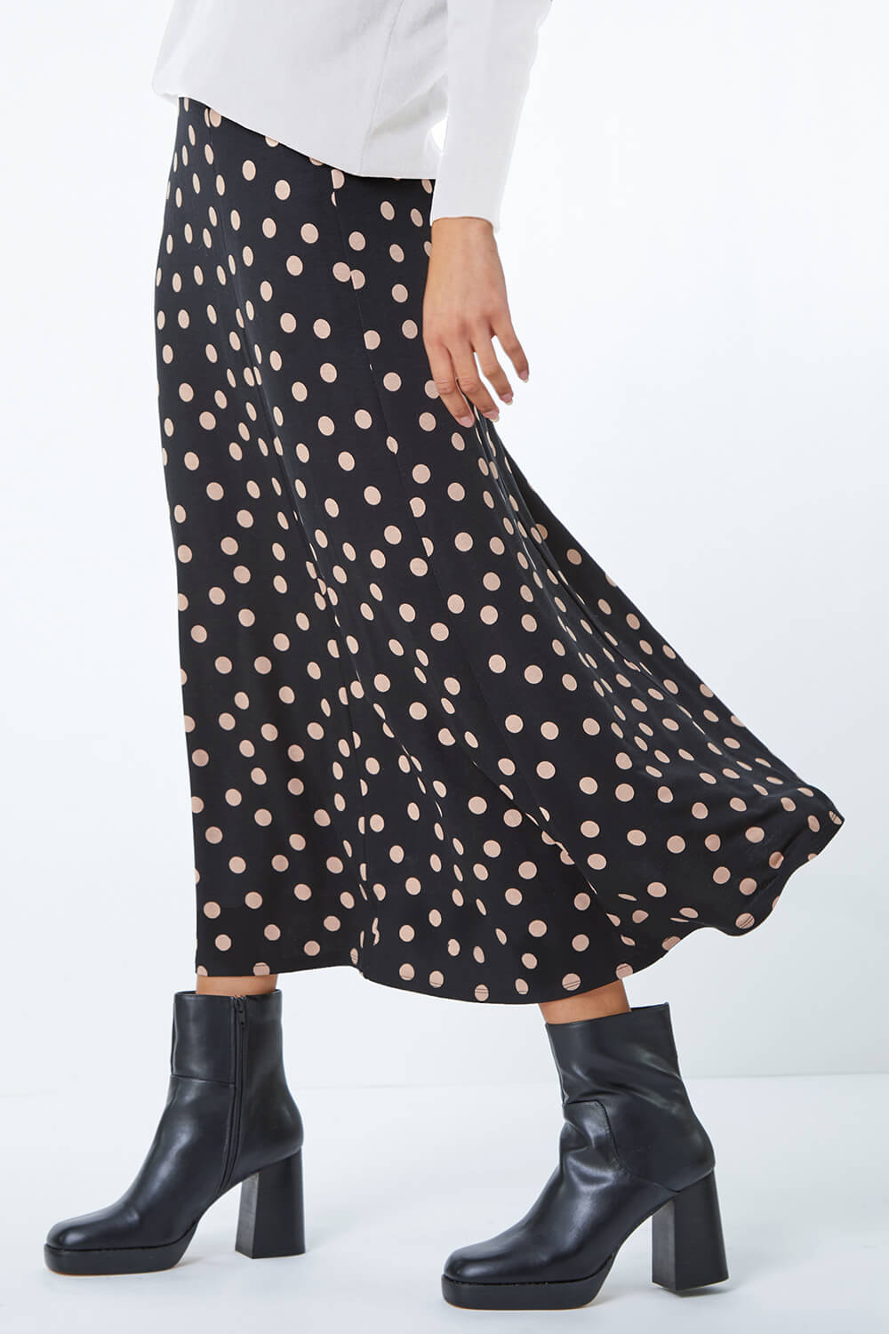 Black Stretch Midi Polka Dot Skirt, Image 3 of 5