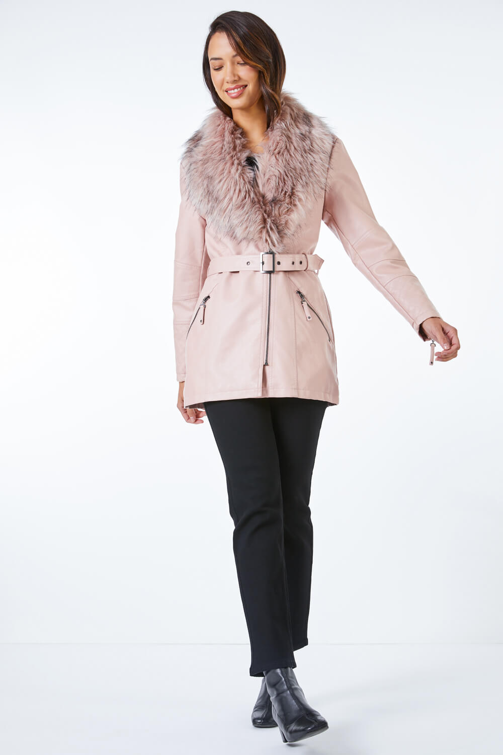PINK Longline Faux Leather Belted Coat, Image 4 of 5