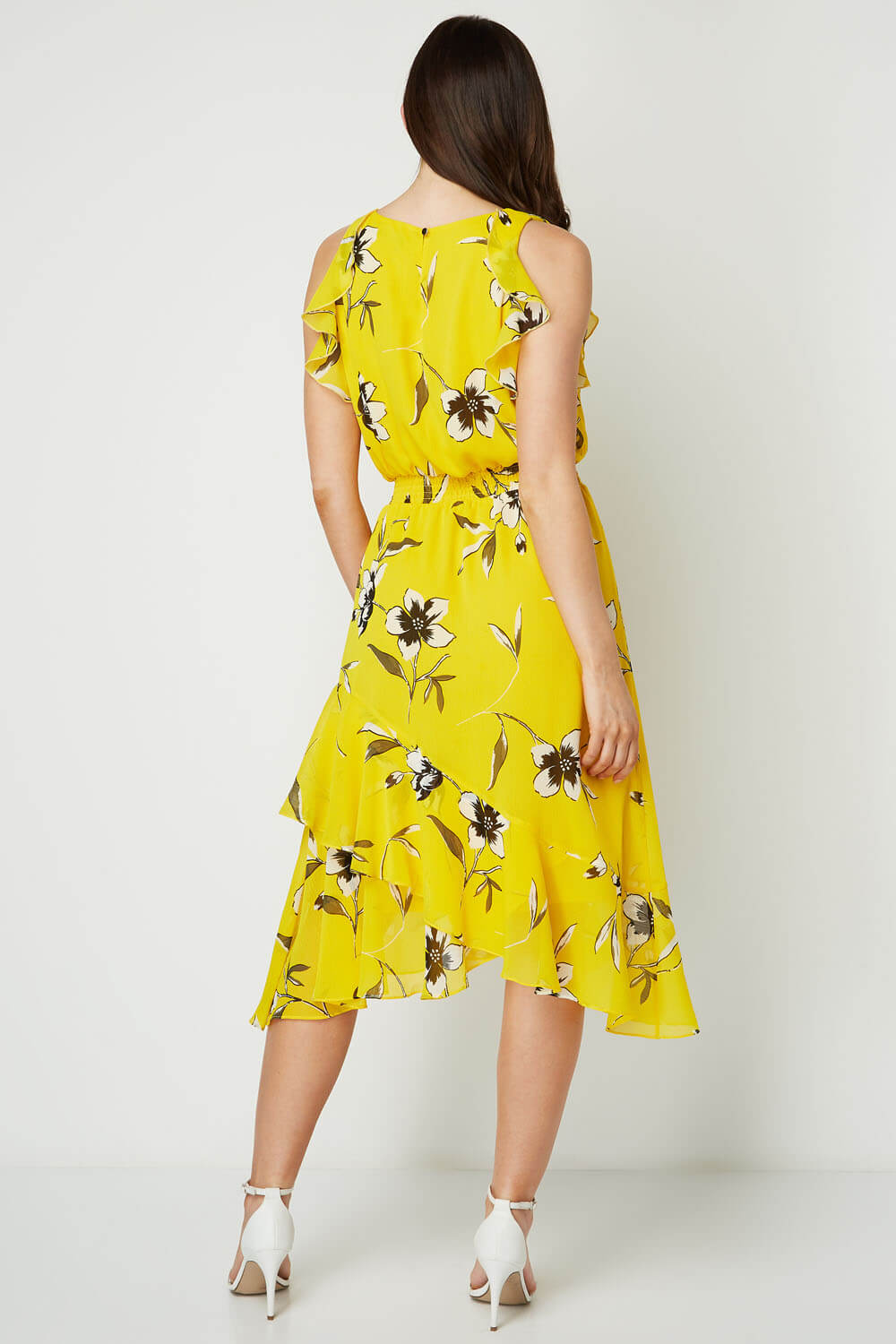 Yellow Floral Ruffle Midi Dress, Image 3 of 5
