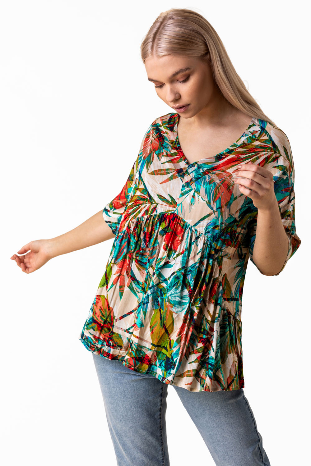 Multi  Tropical Print Tiered Top, Image 4 of 4