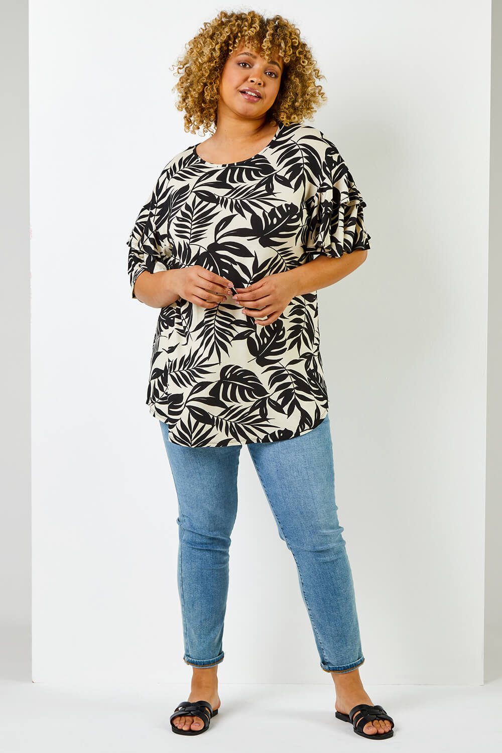 Black Curve Tropical Leaf Print Frill Sleeve Top, Image 4 of 5