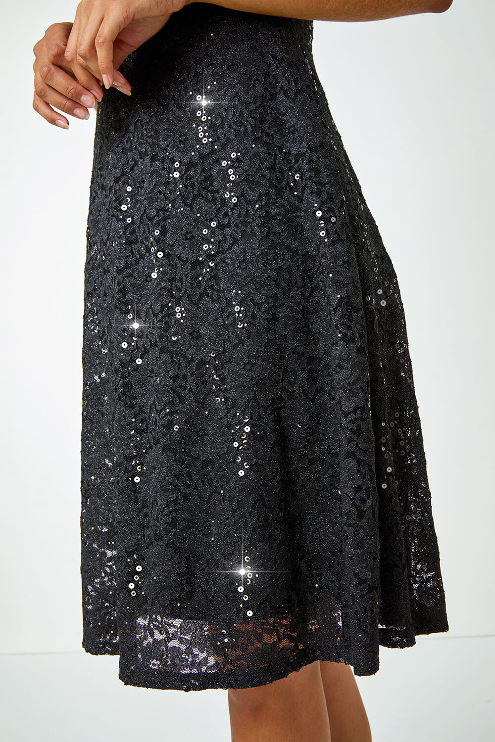 Black Sequin Fluted Hem Lace Stretch Dress, Image 5 of 5