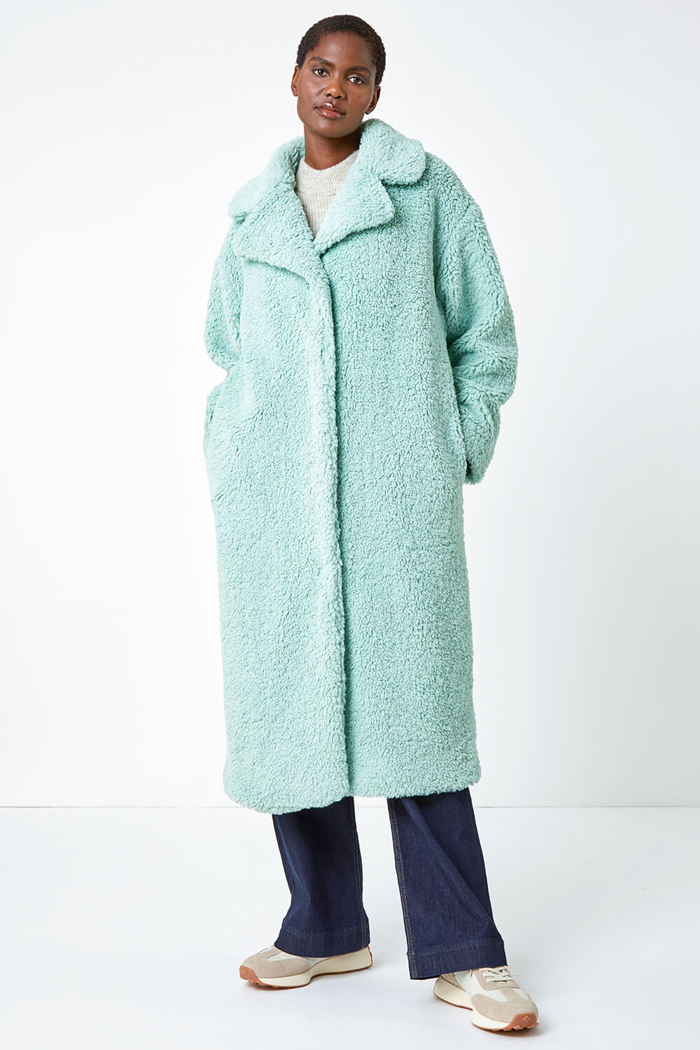 Mint Longline Faux Fur Teddy Borg Coat, Image 2 of 5