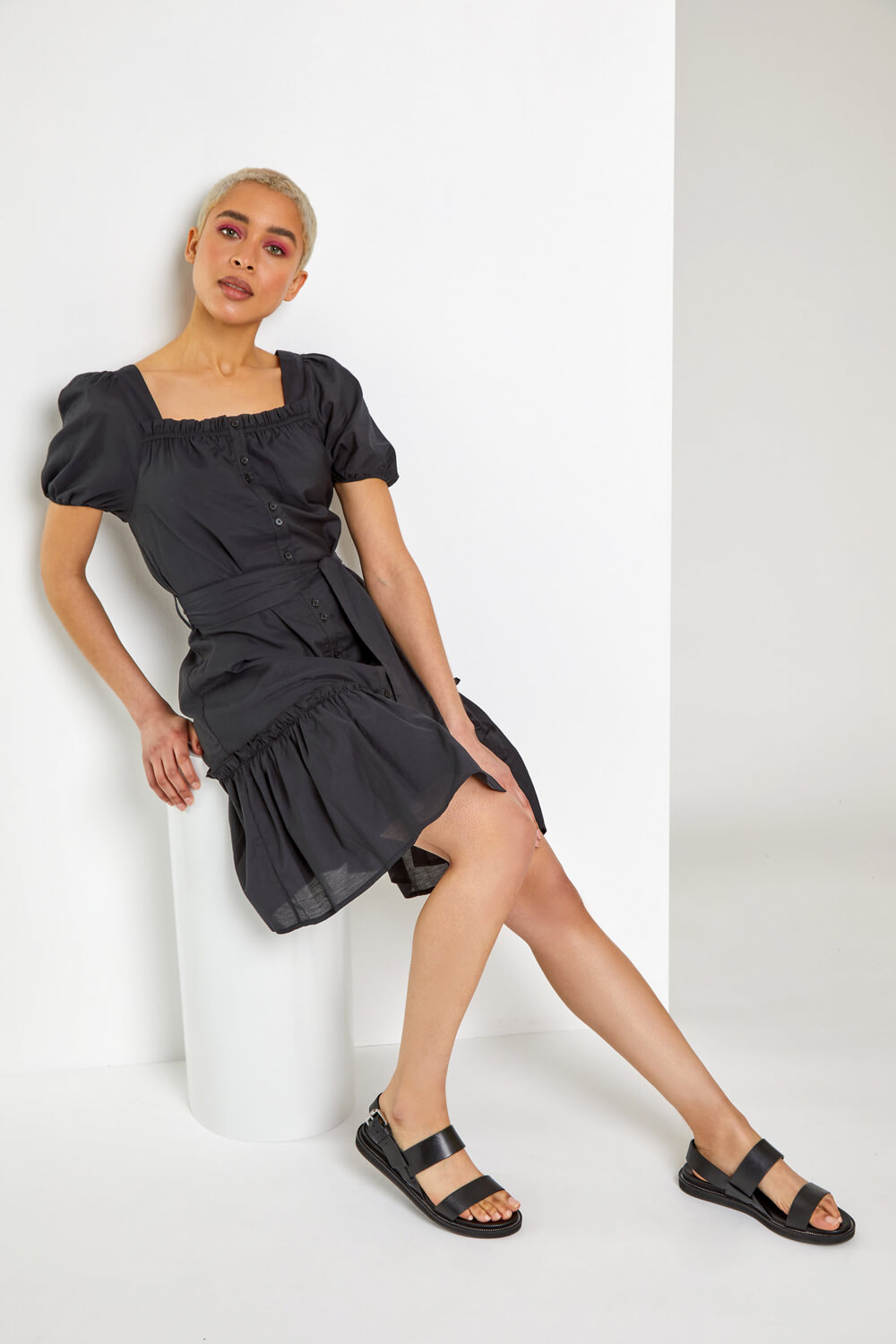 Black Puff Sleeve Tiered Square Neck Dress, Image 5 of 5