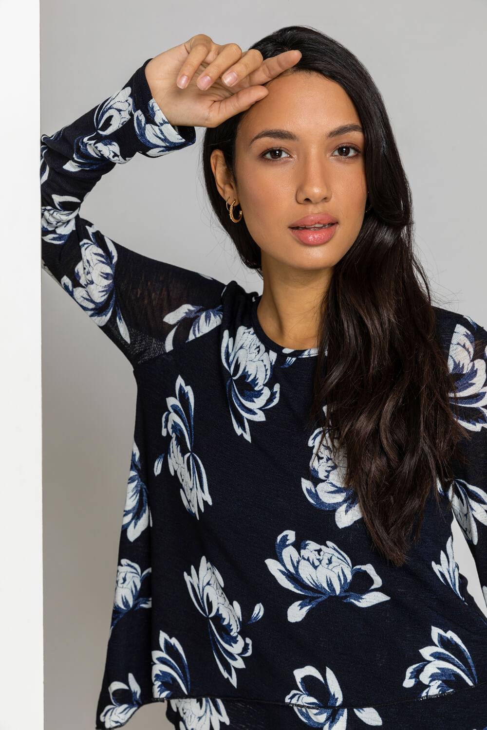 Navy  Floral Print Layered Asymmetric Tunic Top, Image 4 of 5