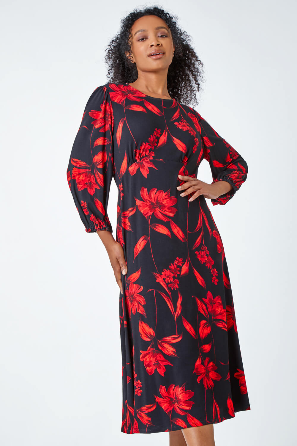 Red Petite Floral Stretch Midi Dress, Image 2 of 5