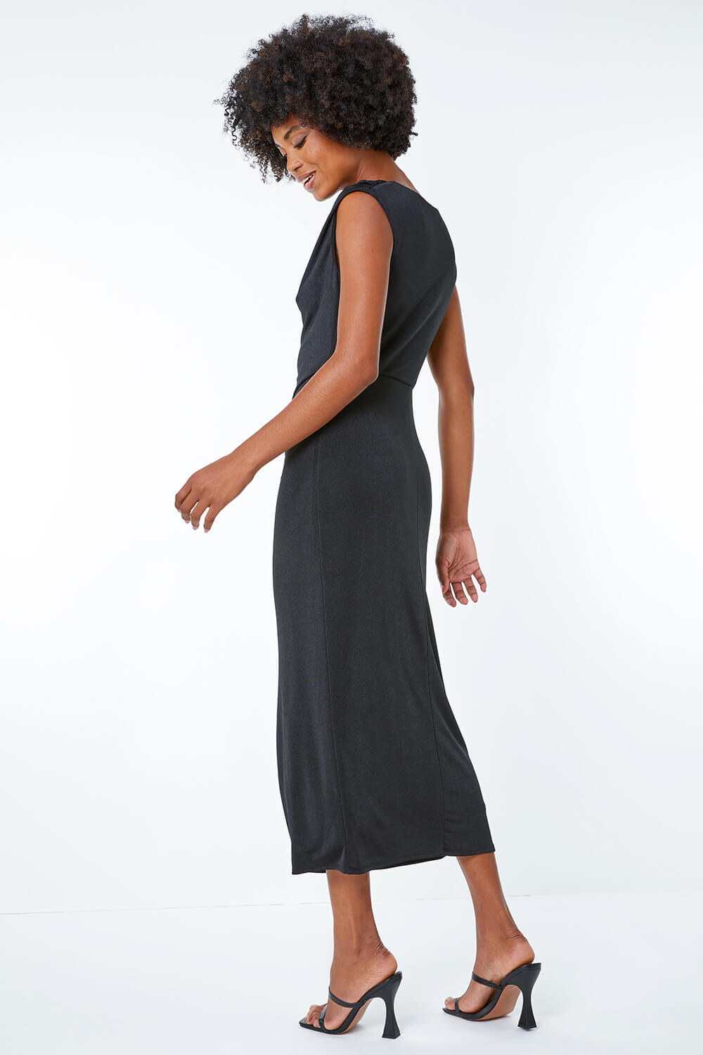 Black Cowl Neck Ruched Midi Dress, Image 3 of 5