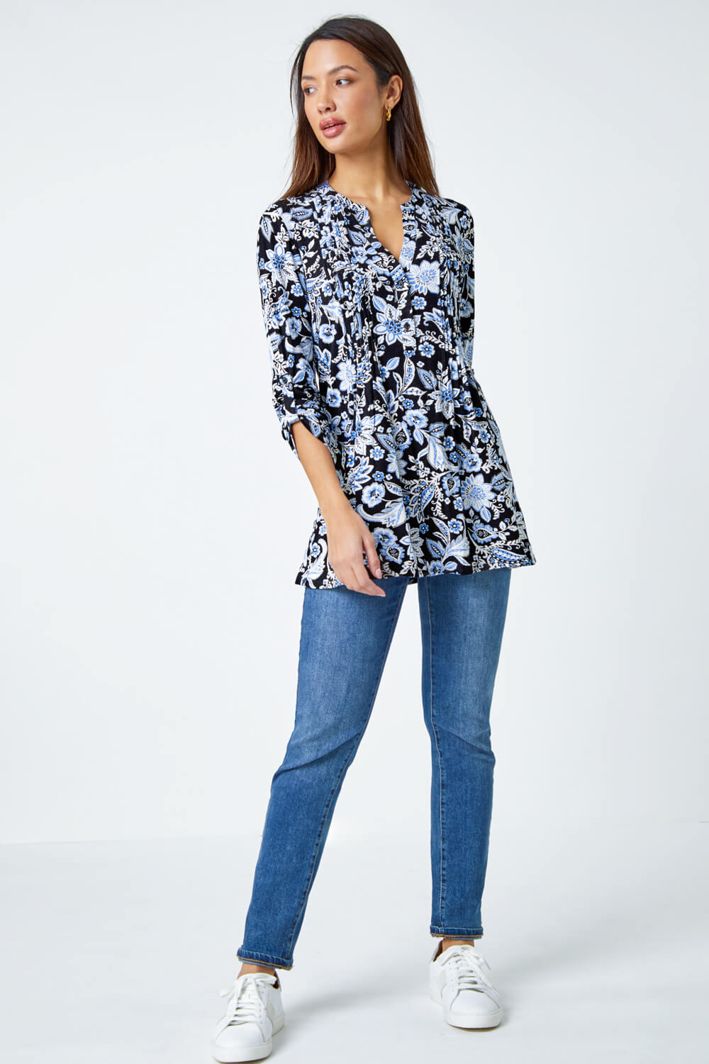 Black Floral Print Pintuck Stretch Top, Image 2 of 5